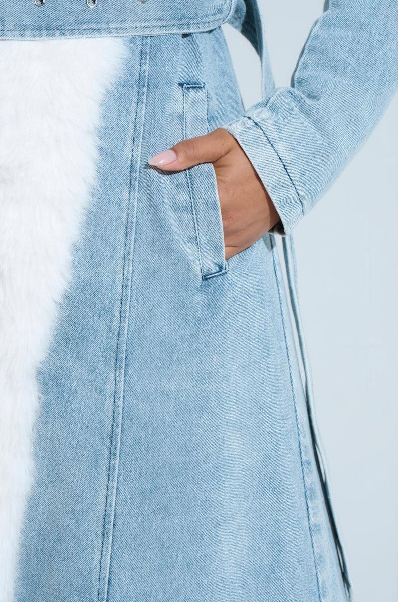 VIVIAN FUR TRIM COAT IN DENIM Product Image