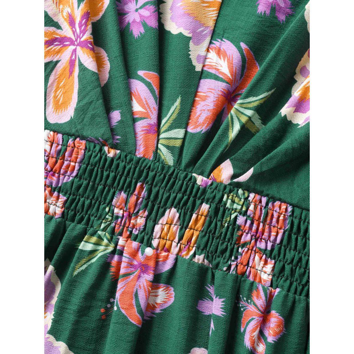 Plus Size Large Floral Print Shirred Waist Midi Dress DarkGreen Women V-neck Short sleeve Curvy BloomChic 22-24/3X Product Image