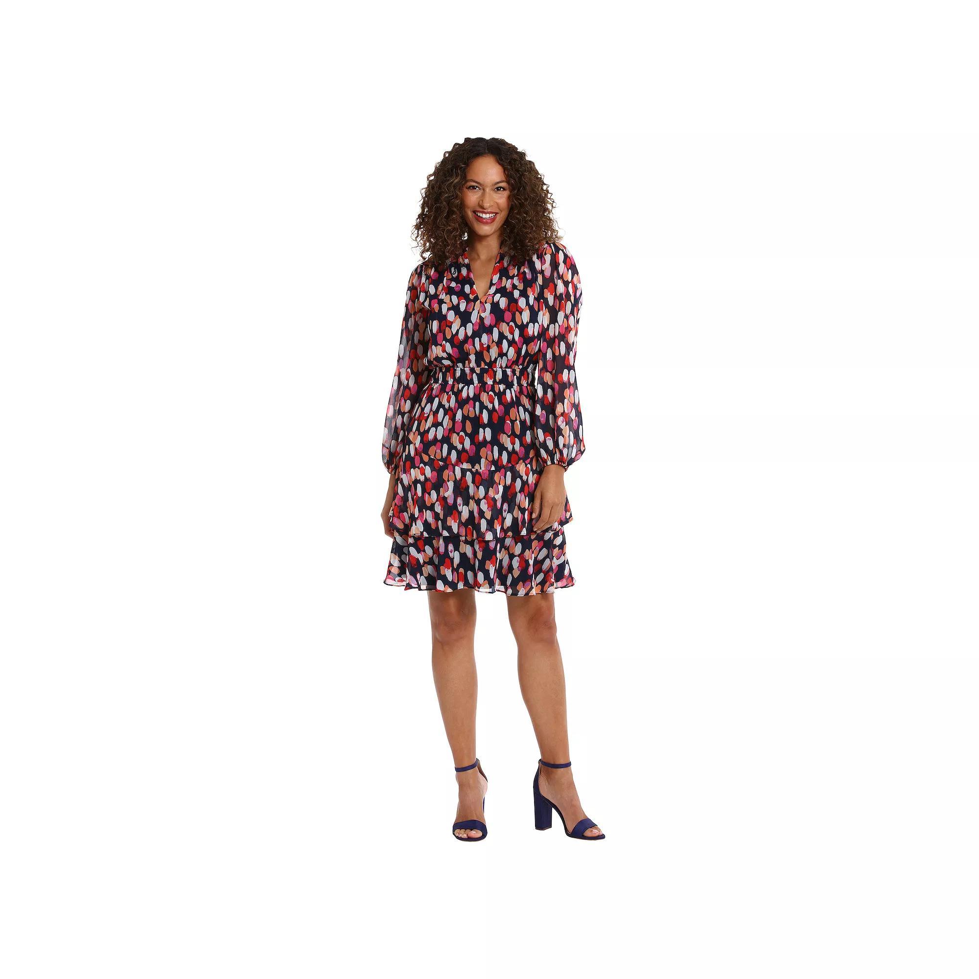 Women's London Times Elastic Waist Bishop Sleeve Mini Dress, Size: 2, Multi Dot Product Image