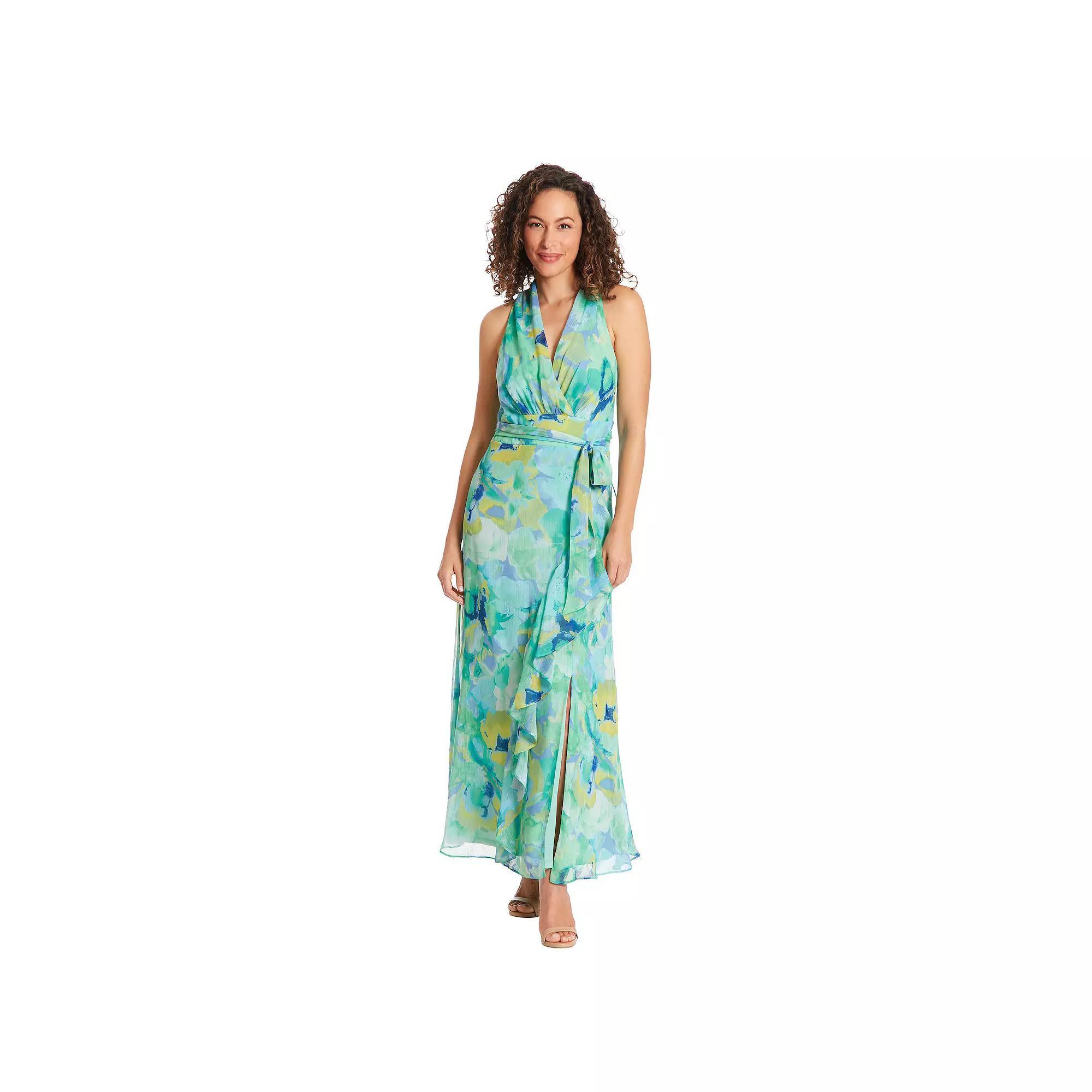 Womens London Times Floral Watercolor Halter Neck Ruffly Slit Hem Maxi Dress Product Image