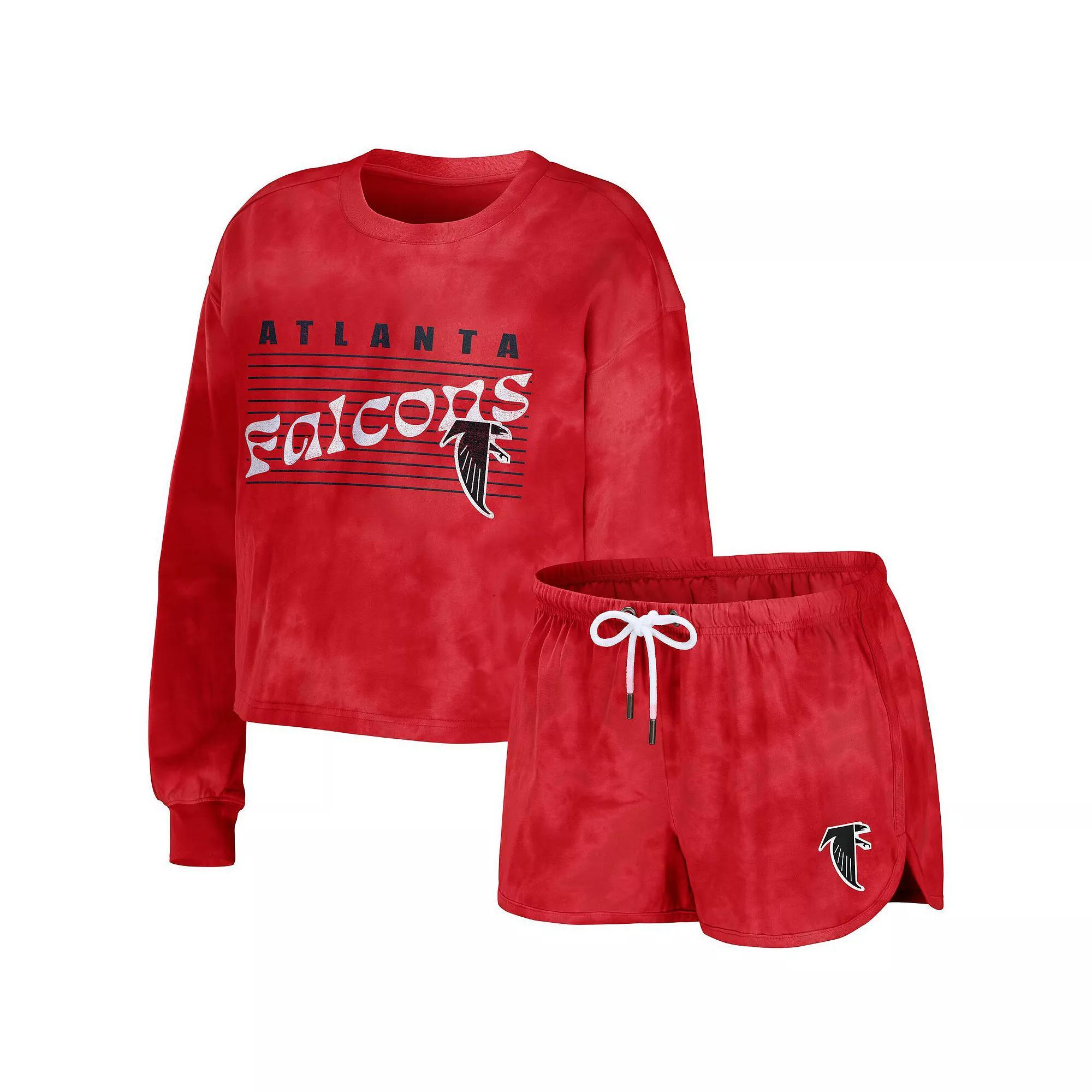 Women's WEAR by Erin Andrews Red Atlanta Falcons Tie-Dye Cropped Pullover Sweatshirt & Shorts Lounge Set, Size: Large Product Image