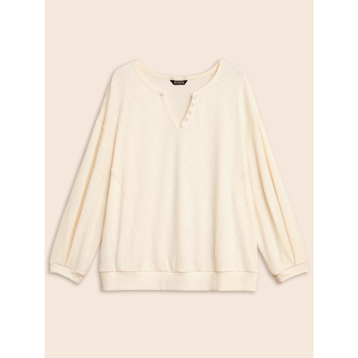 Plus Size Notched Button Detail Split Hem Sweatshirt Women Beige Casual Texture Flat collar with V-notch Everyday Sweatshirts BloomChic 22-24/3X Product Image