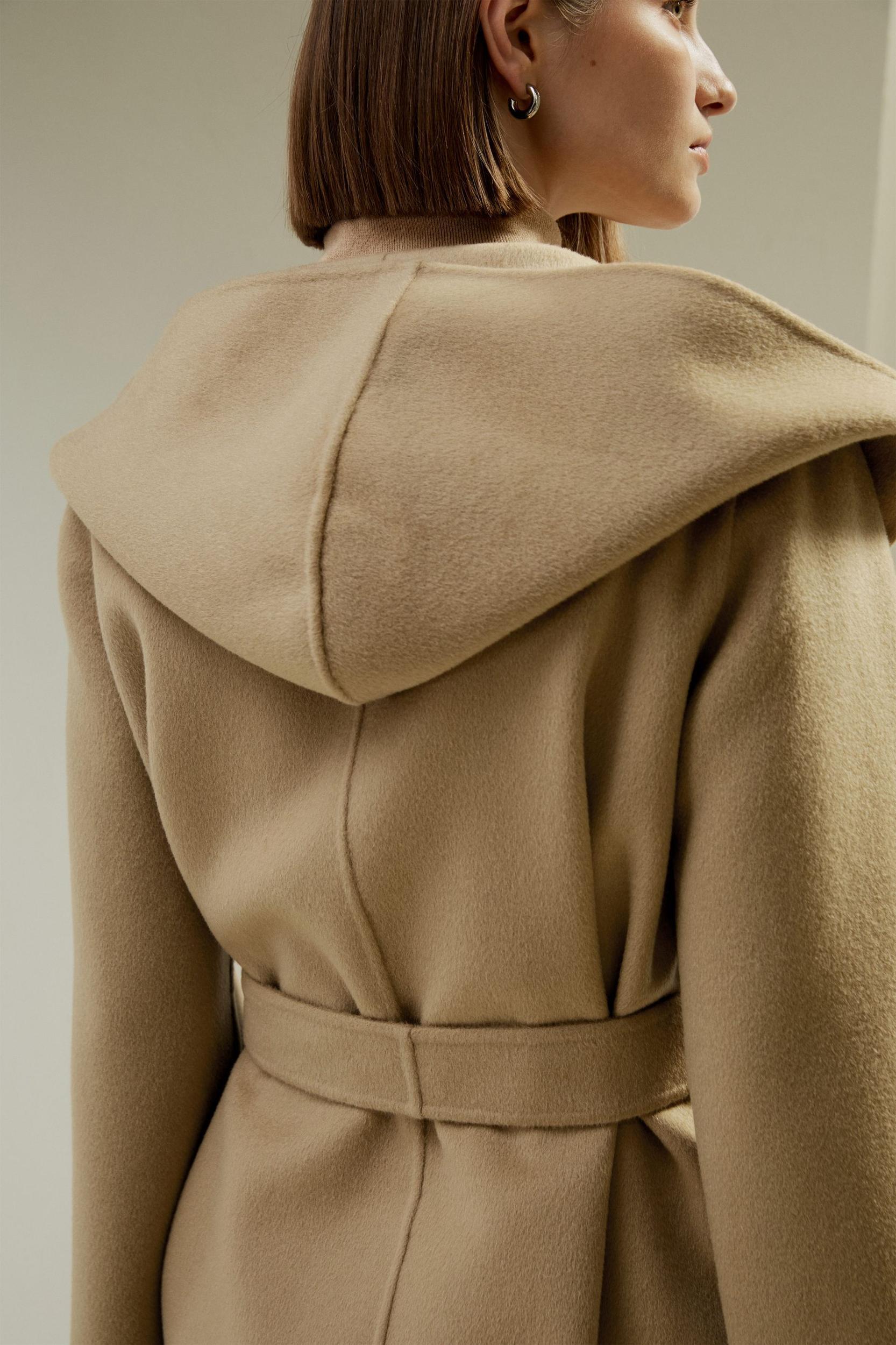 Cashmere-Wool-Blend Belted Short Hooded Coat Product Image