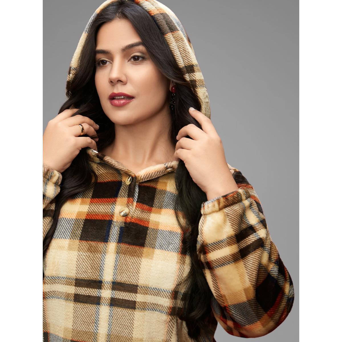 Plus Size Fuzzy Pullover Plaid Hoodie Women Multicolor Casual Button Loose Hooded Everyday Sweatshirts BloomChic 14-16/1X Product Image