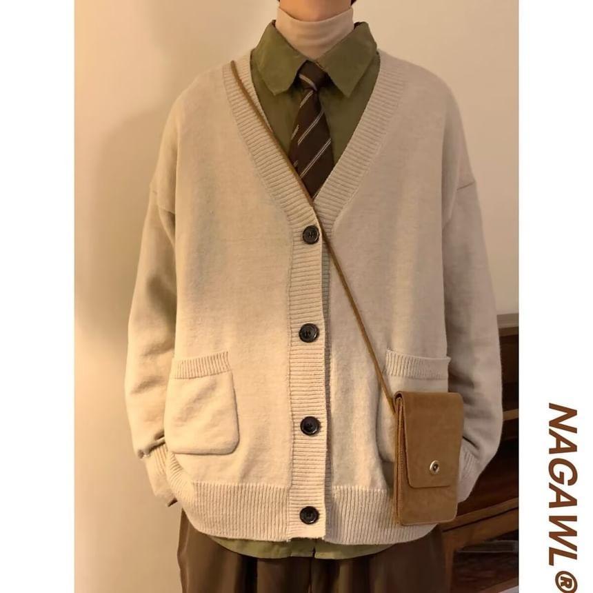 V-Neck Plain Oversized Button Cardigan Product Image
