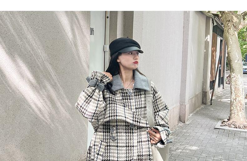 Contrast Collar Houndstooth Long Coat Product Image