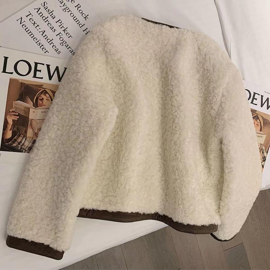 Round Neck Contrast Trim Fleece Button Jacket Product Image