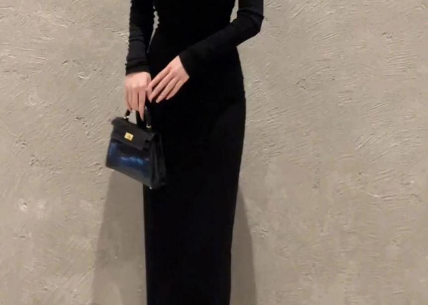 Long-Sleeve Off-Shoulder Plain Maxi Sheath Dress Product Image