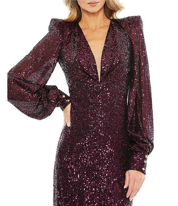 Mac Duggal Plunge V-Neck Long Bishop Sleeve Sequin Sheath Midi Dress Product Image