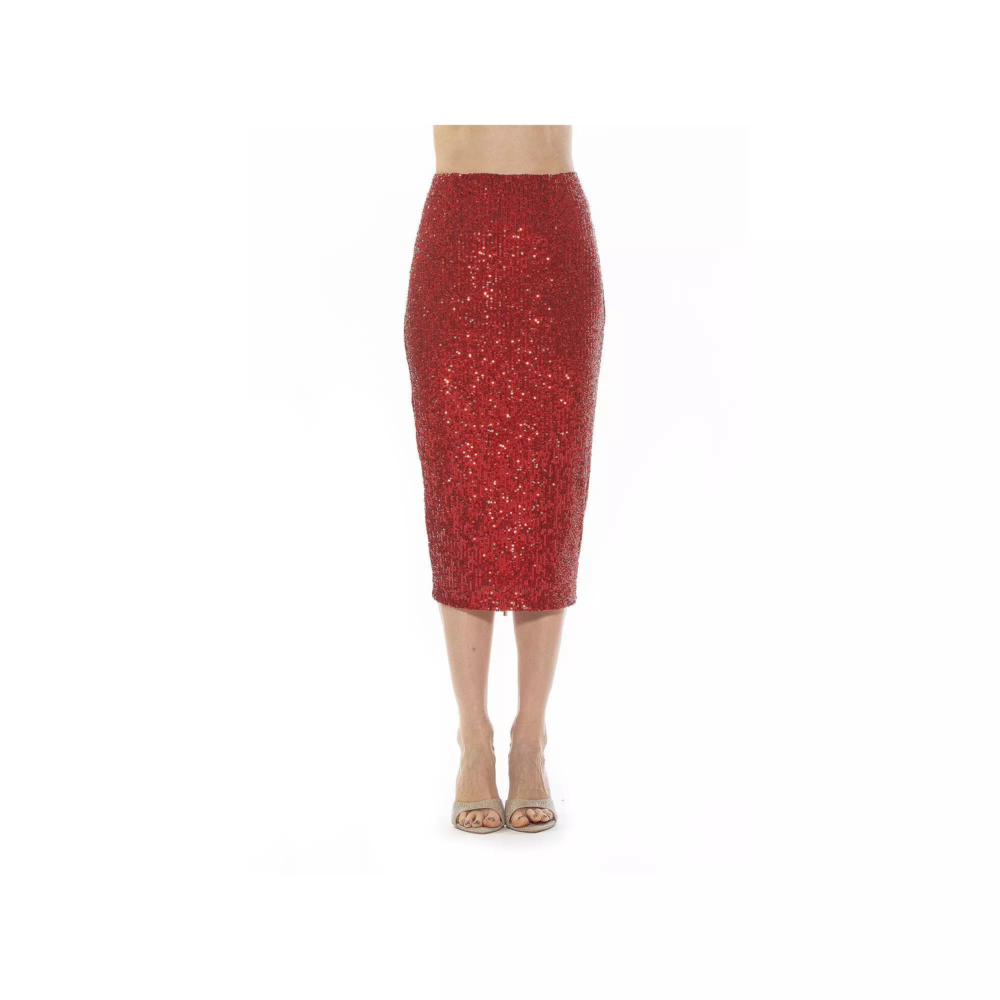 Women's ALEXIA ADMOR Ana Midi Sequin Pencil Skirt with Full Back Expose, Size: 8, Red Product Image
