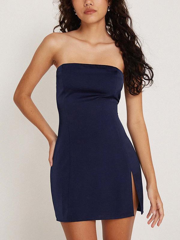 Solid Color Off Shoulder Slit Slim Mini Dress Product Image