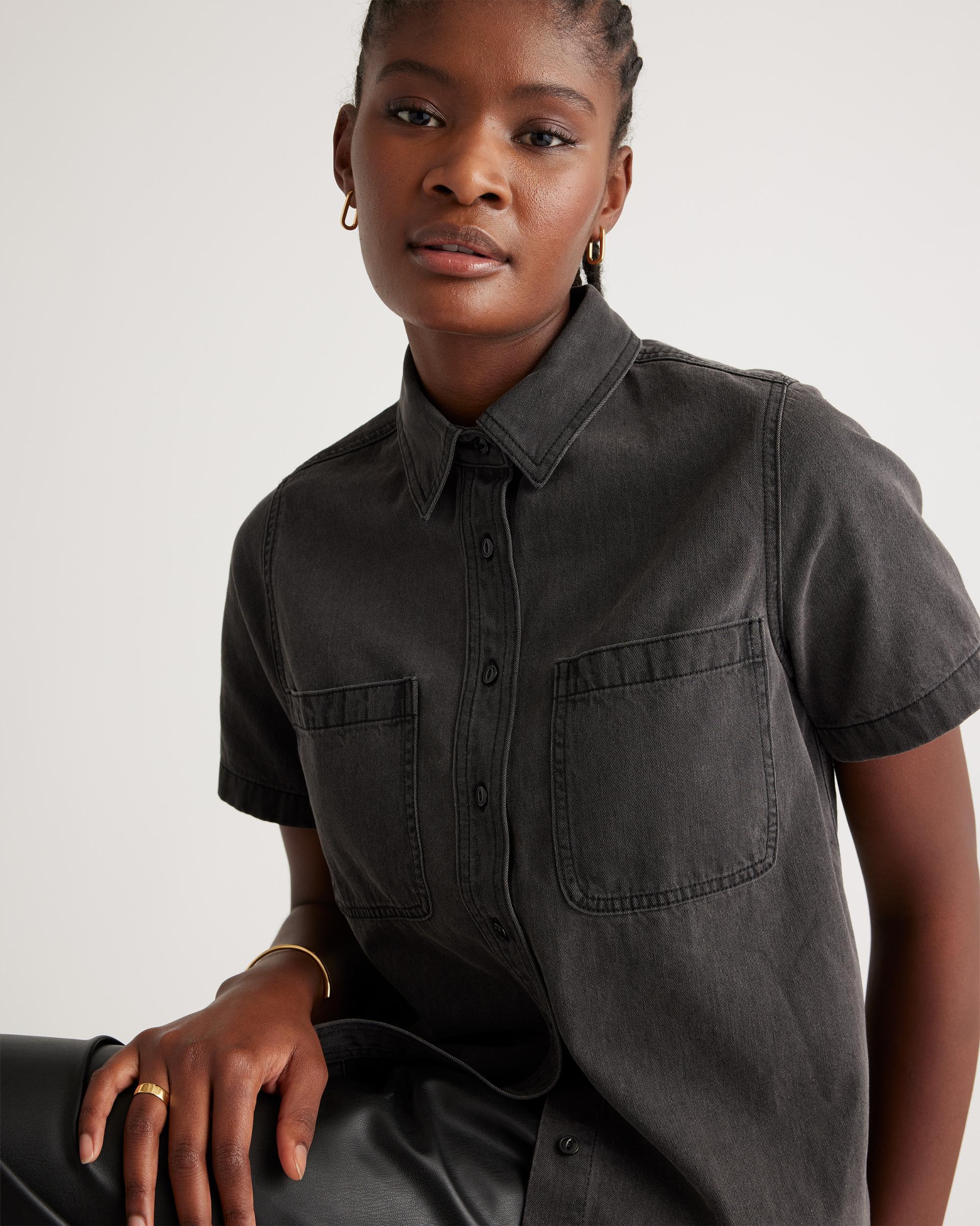 Quince | Women's Distressed Denim Short Sleeve Shirt Cotton Product Image
