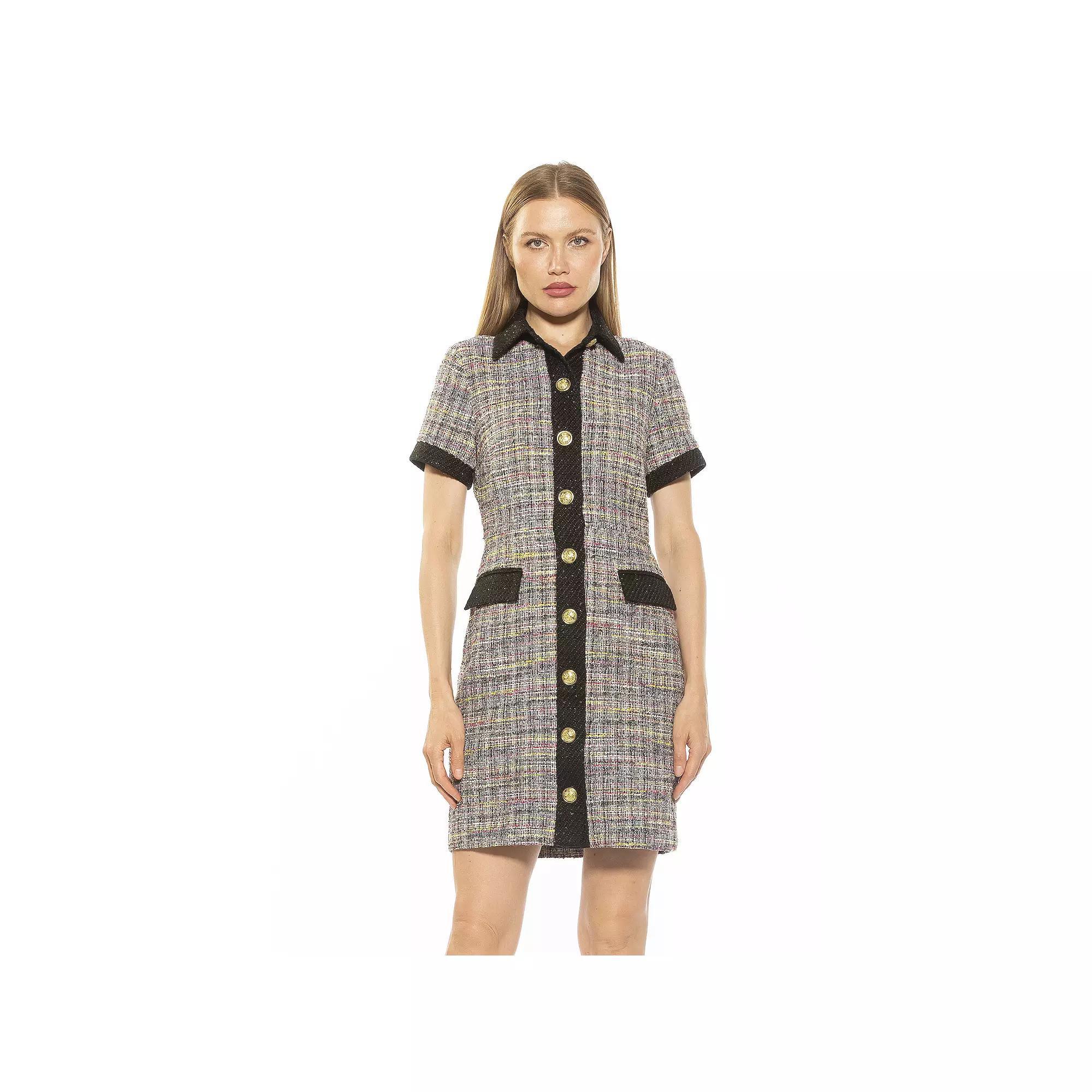 Women's ALEXIA ADMOR Jenni Collar Button Down Tweed Shirt Dress, Size: 8, Black Stripe Product Image