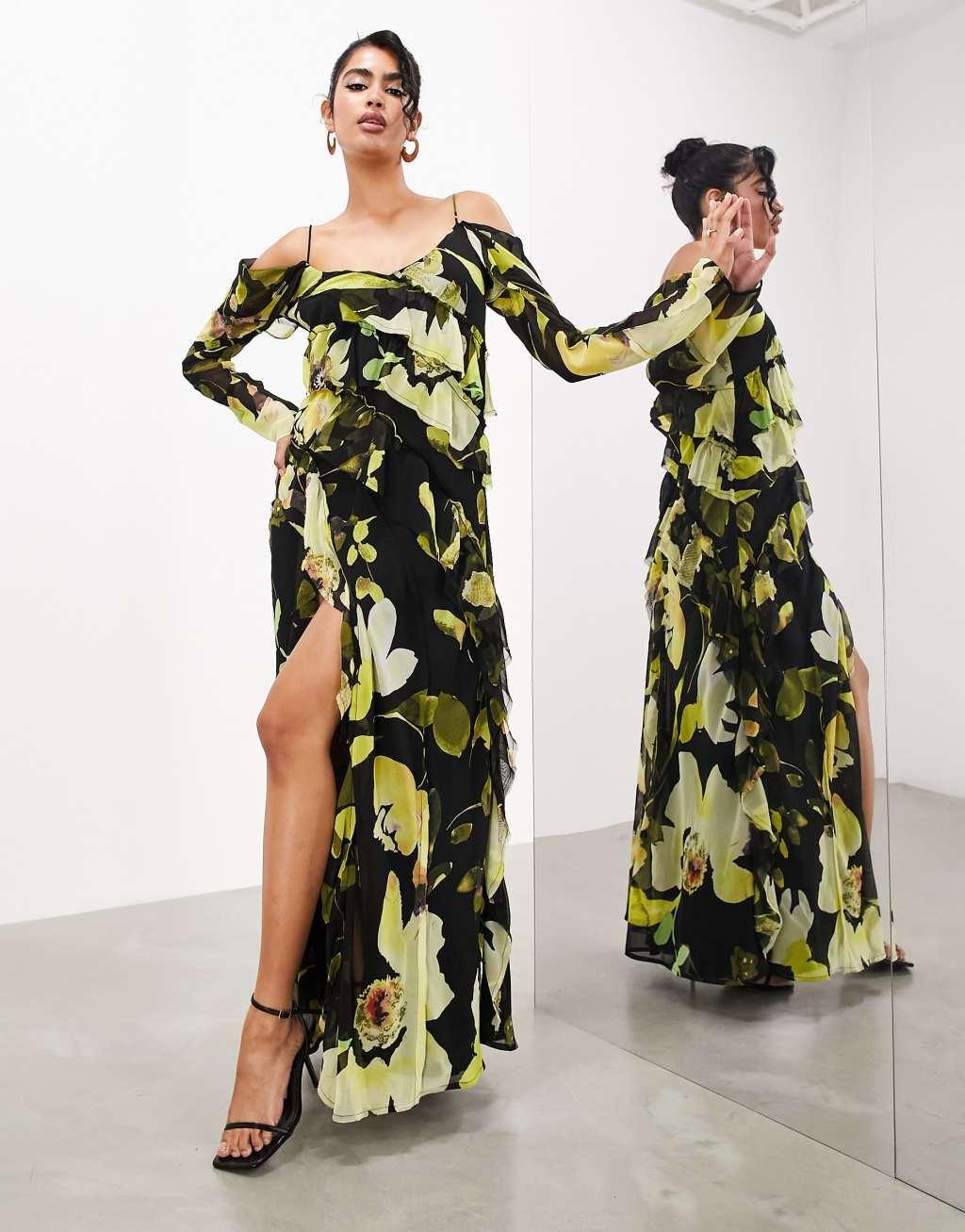 ASOS EDITION long sleeve bias cut maxi dress with raw edge frills Product Image