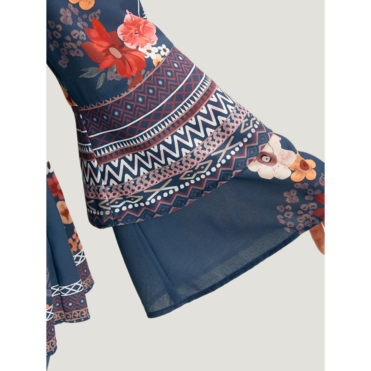 Plus Size Stone Boho Print V Neck Elastic Waist Bell Sleeve Blouse Women Vacation Long Sleeve V-neck Vacation Blouses BloomChic 18-20/2X Product Image