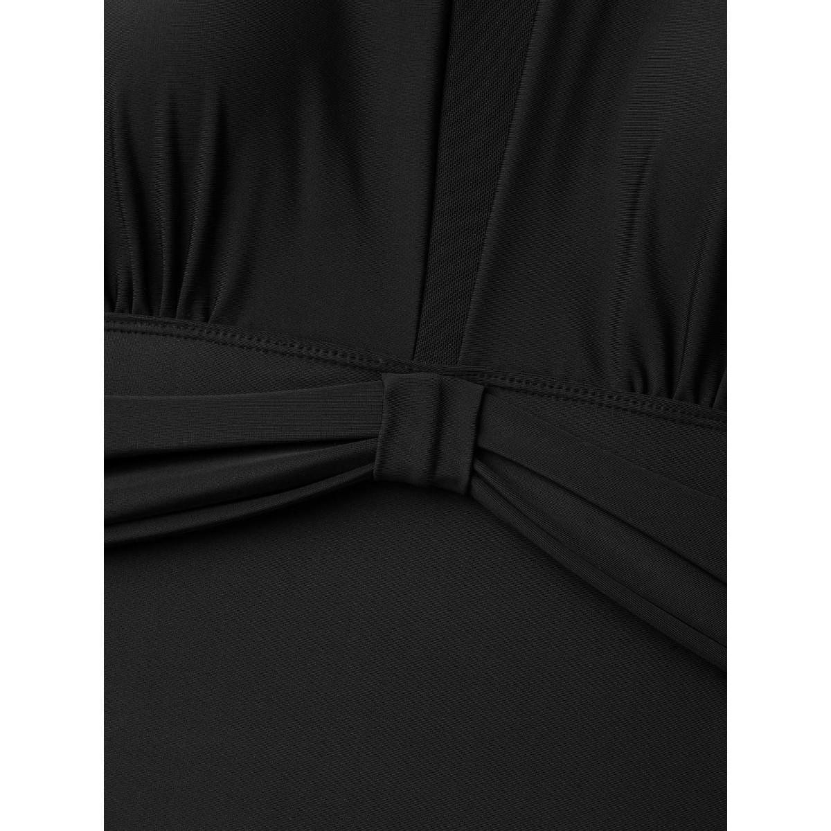 Plus Size Sheer Ruched Adjustable Straps Swim Top Women's Swimwear Black Beach Gathered High stretch Skinny Round Neck Curve Swim Tops BloomChic 22-24/3X Product Image