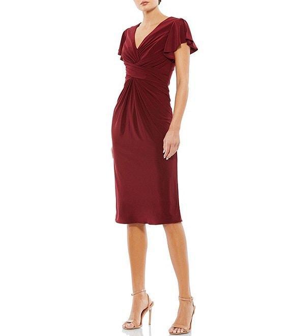 Mac Duggal V-Neck Short Flounce Sleeve Sheath Midi Dress Product Image
