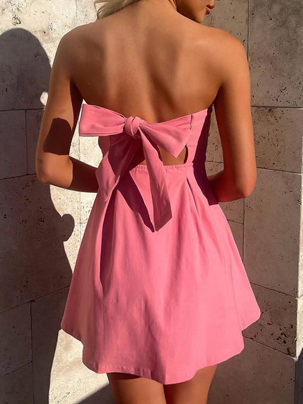 A-Line Loose Backless Pleated Solid Color Split-Joint Tied Tube Mini Dresses Product Image