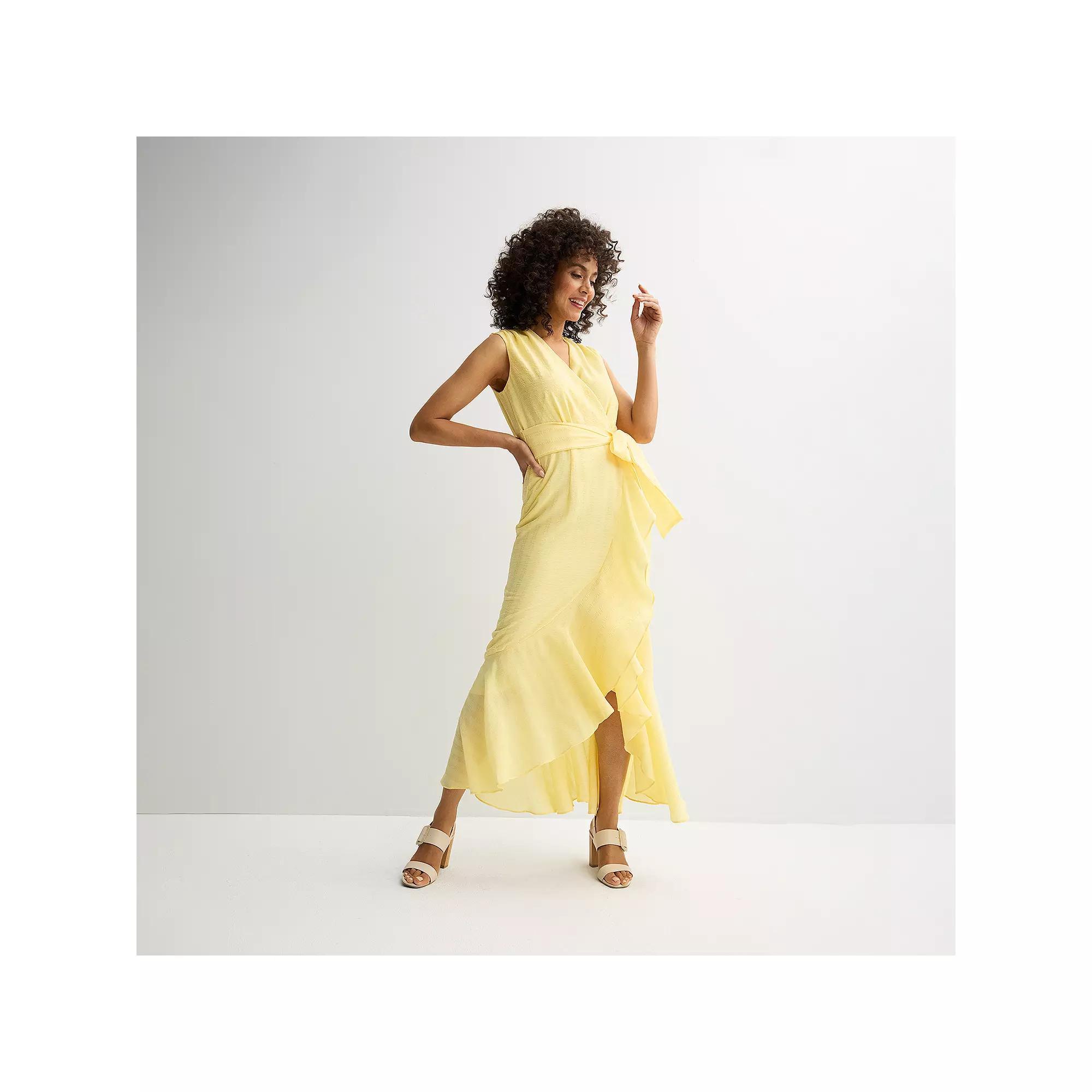 Women's Maison Tara Sleeveless Ruffle Wrap Midi Dress, Size: 10, Yellow Yellow Product Image