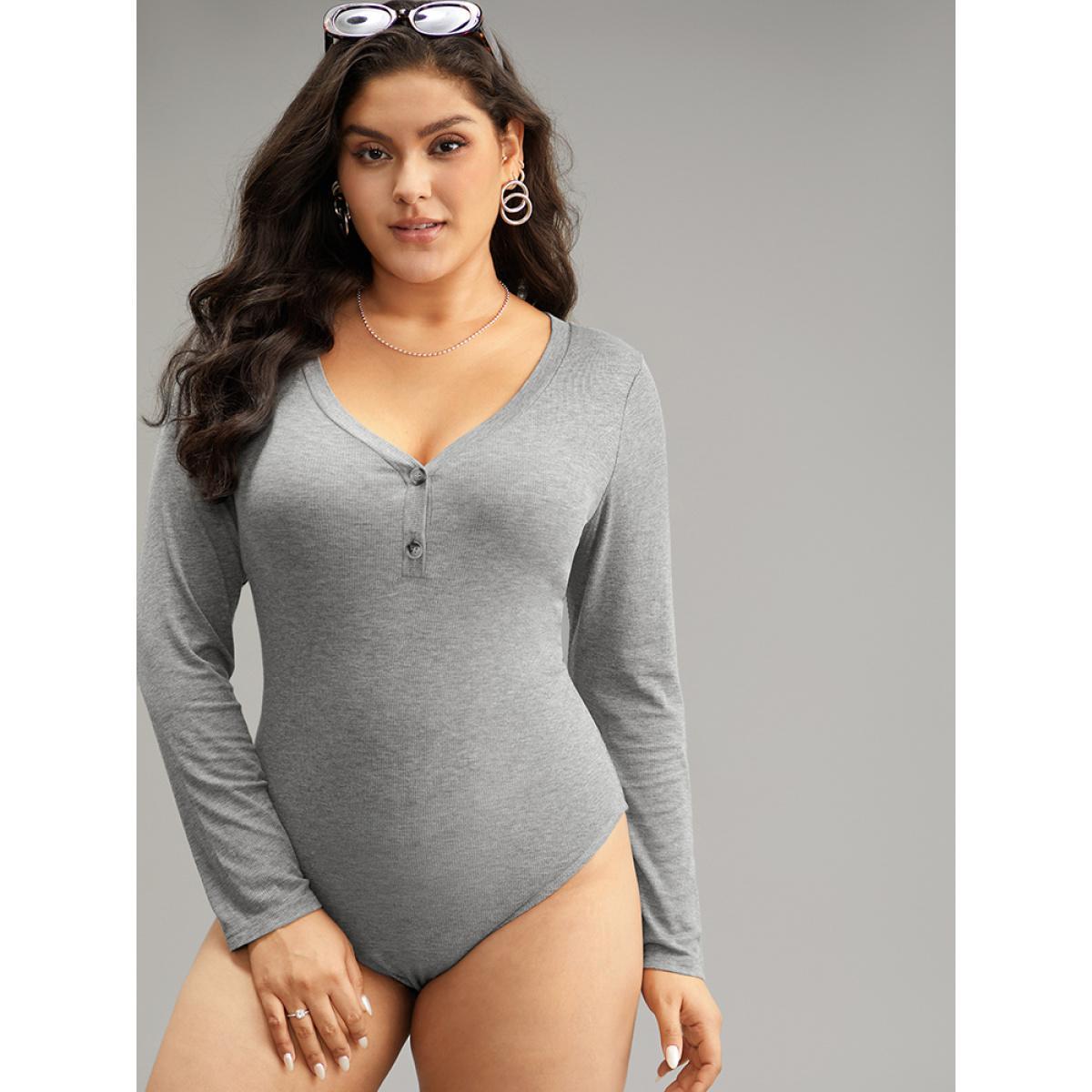 Plus Size Supersoft Essentials Rib Knit Button Up Bodysuit Women Gray Plain Plain Bodysuits BloomChic 12/L Product Image