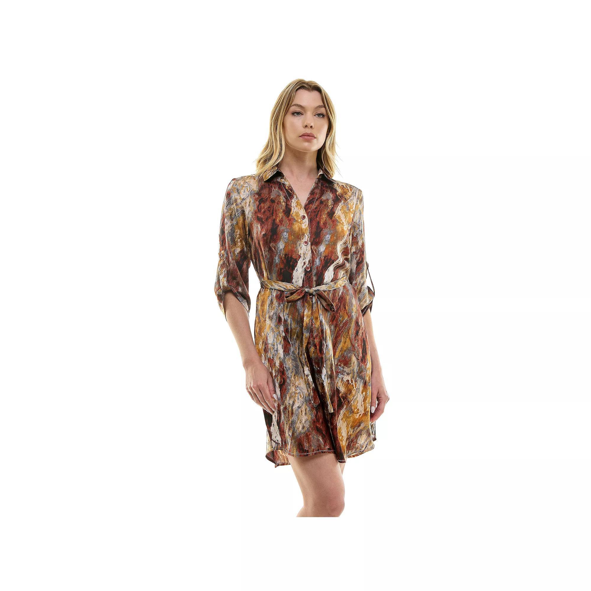 Women's Luxology Johnny Collar Satin Button Front Dress, Size: Small, Brown Gray Gold Product Image