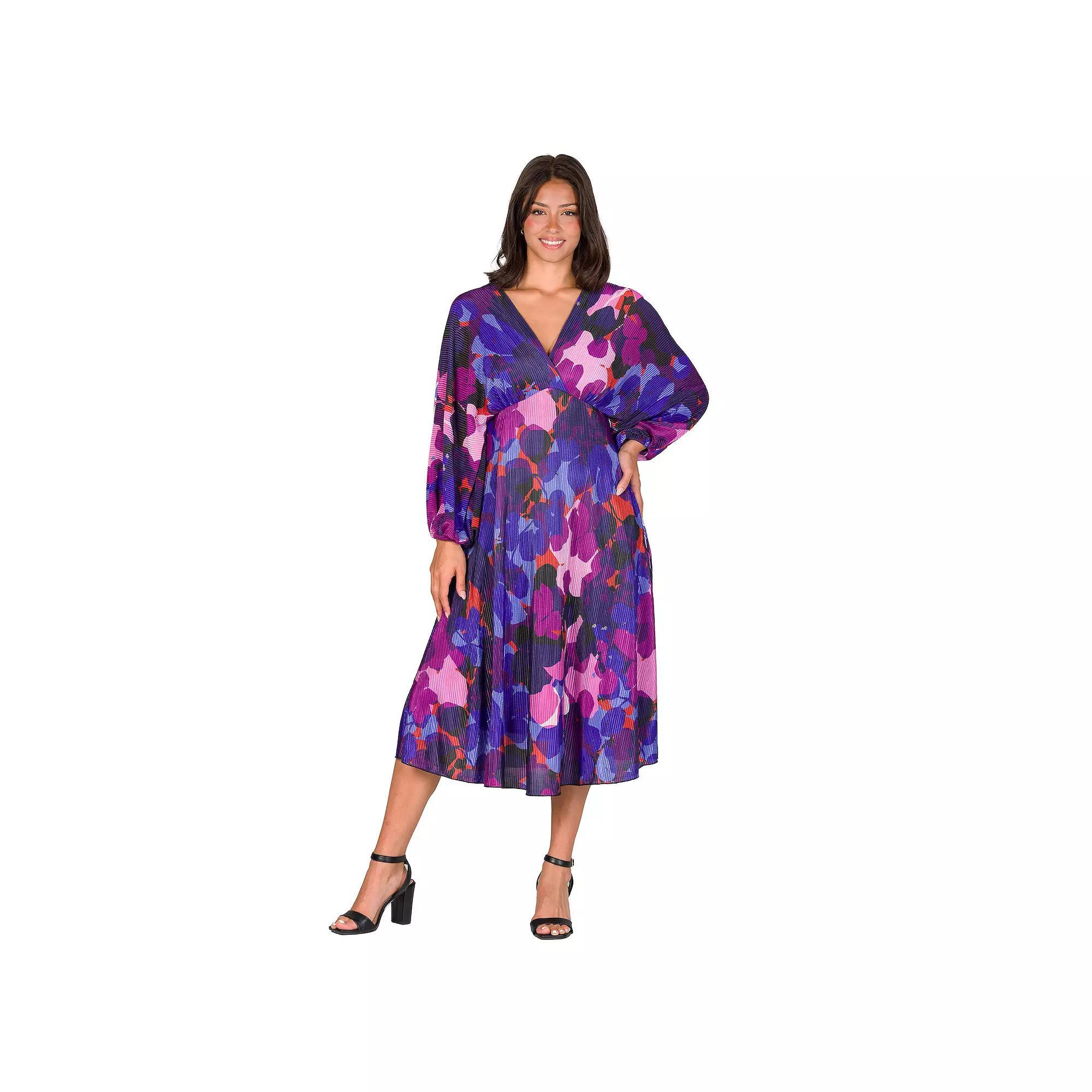 Women's 24Seven Comfort Apparel V-Neck Empire Waist Bishop Sleeve Midi Dress, Size: XL, Purple Team Product Image