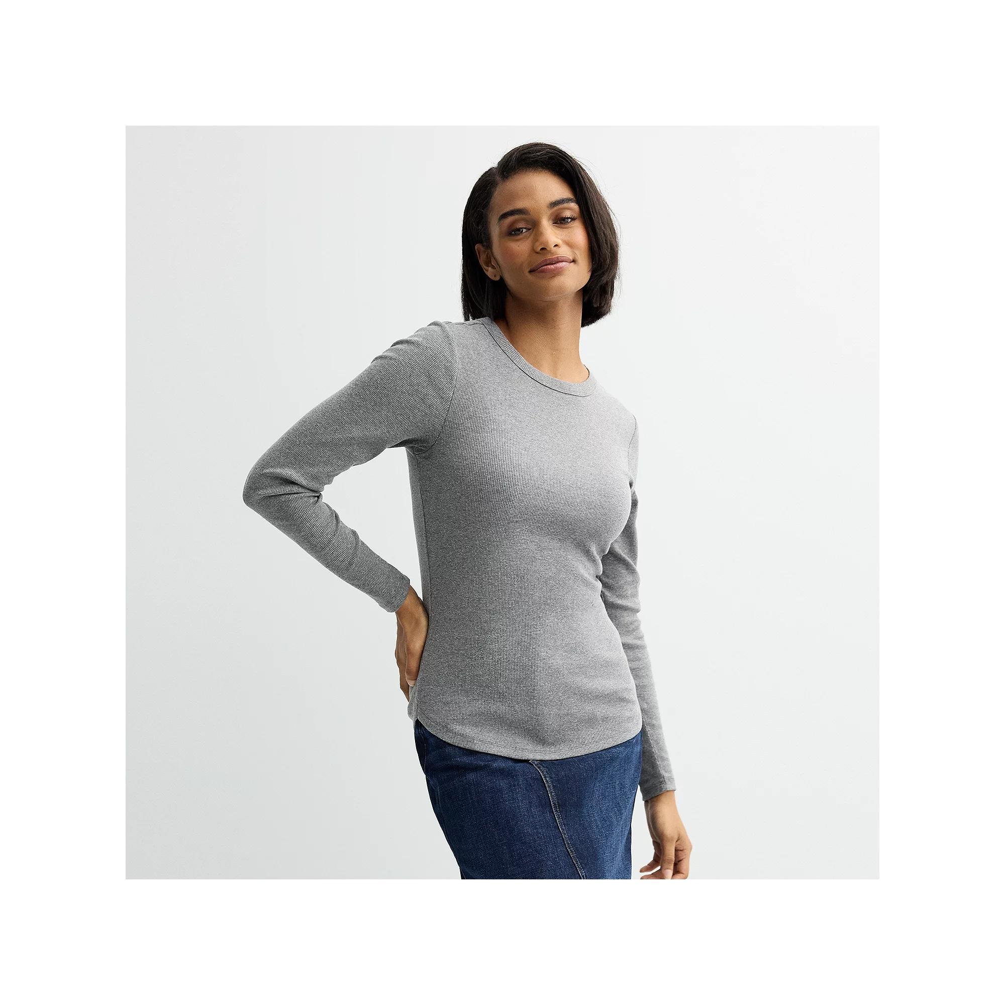 Women's Sonoma Goods For Life® Rib Slim Fit Long Sleeve Tee, Size: Large, Grey Product Image