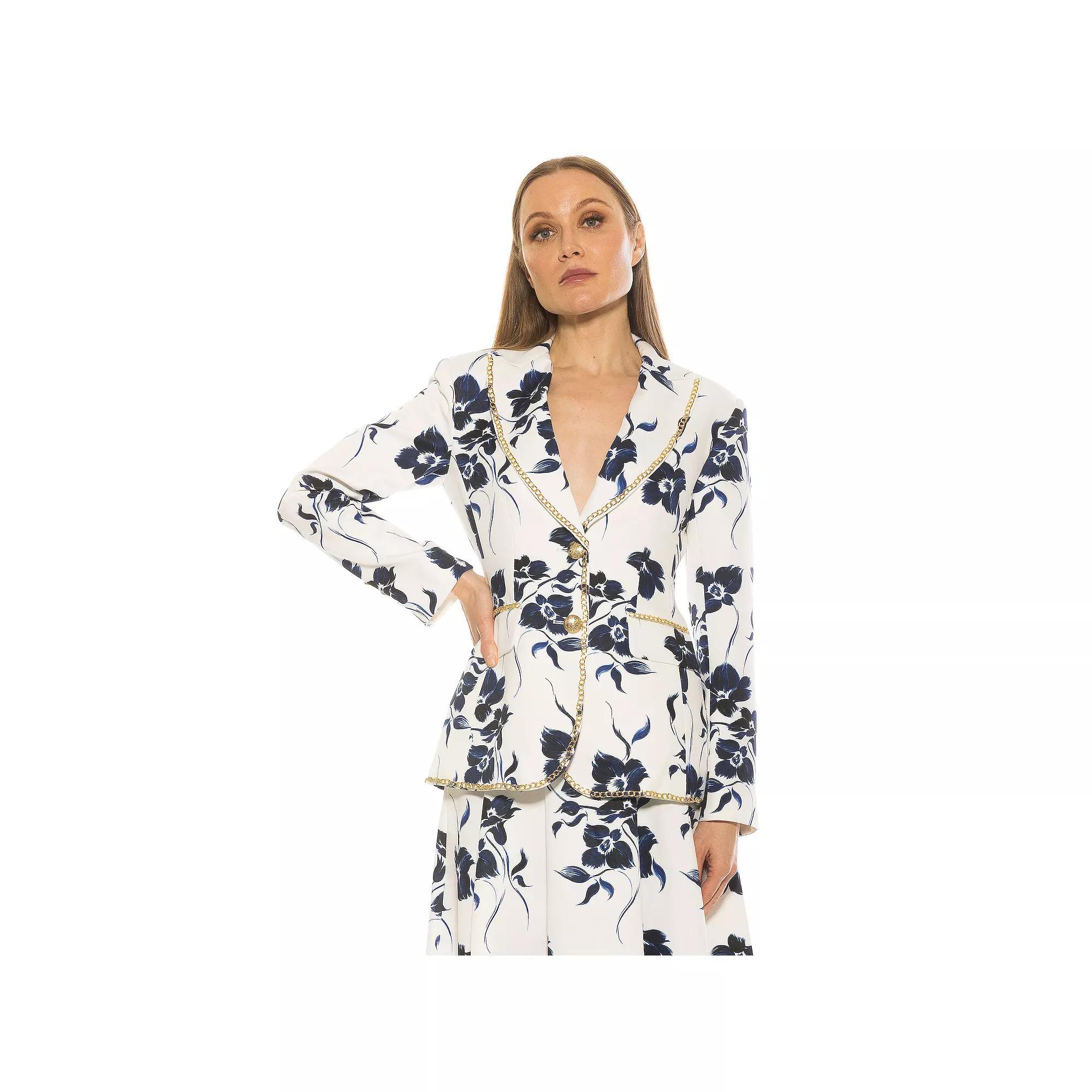 Women's ALEXIA ADMOR Janet Fitted Blazer With Chain Trim Detailing, Size: 6, Blue Floral Product Image