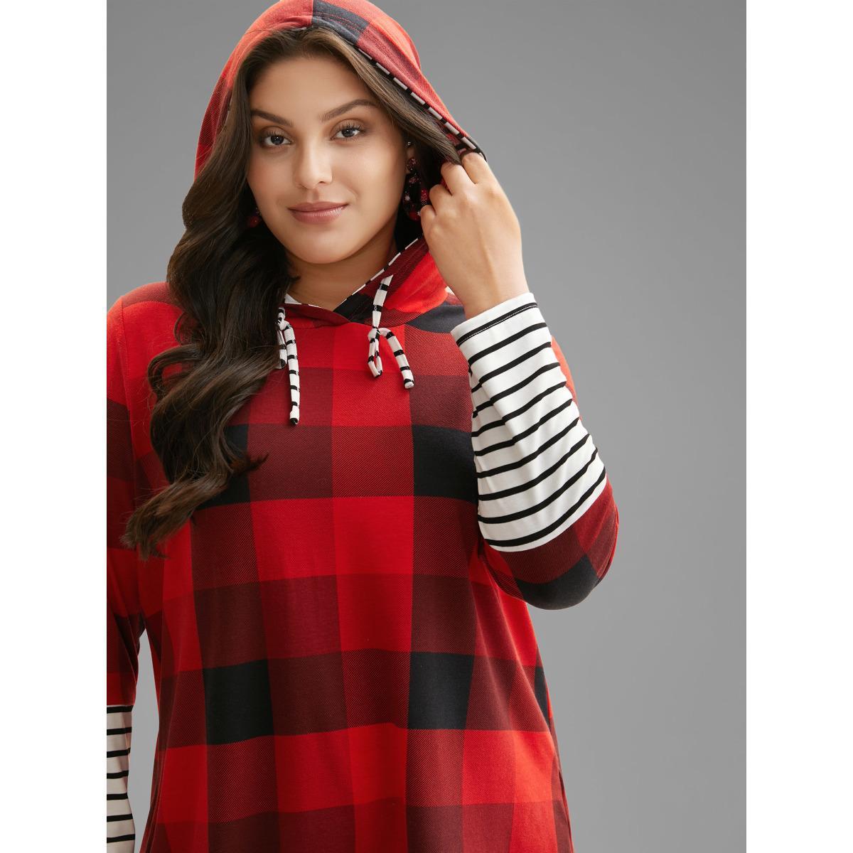 Plus Size Plaid Hooded Drawstring Straight Fit Tee Brightred Women Casual Contrast Hooded Everyday T-shirts BloomChic 30/6X Product Image