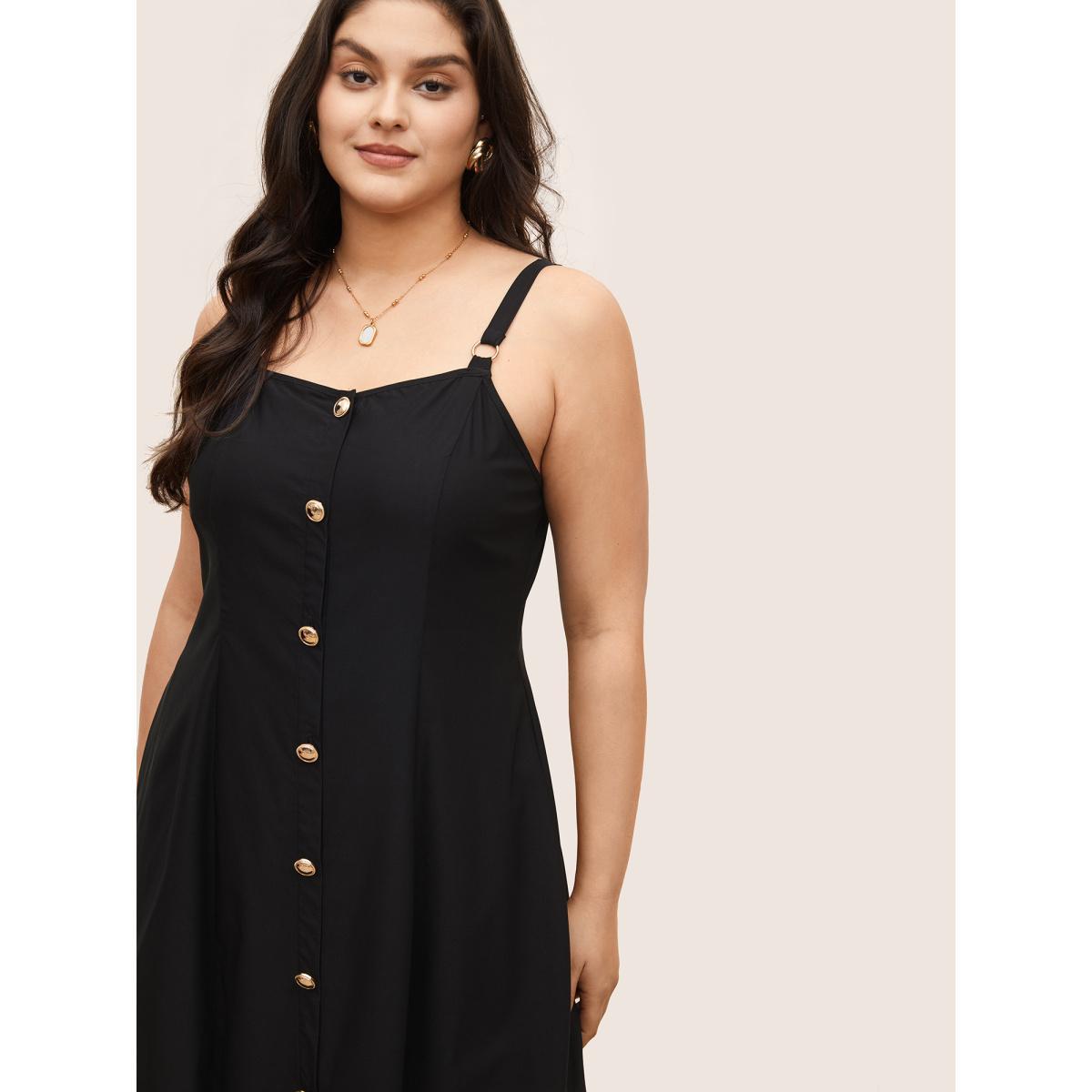 Plus Size Plain Adjustable Straps Metal Detail Pocket Dress Black Women At the Office Non Non Sleeveless Curvy Midi Dress BloomChic 22-24/3X Product Image