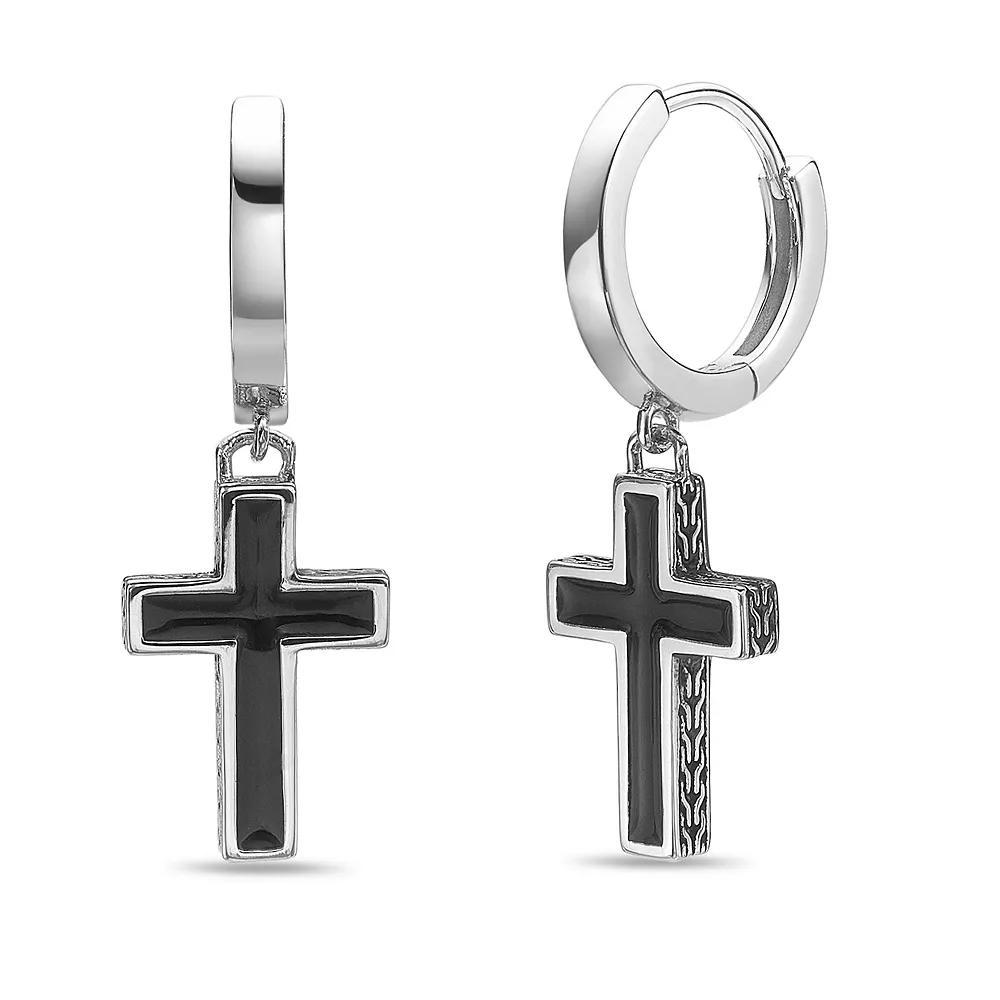 Men's LYNX Sterling Silver Black Enamel Cross Earrings, Stainless Product Image