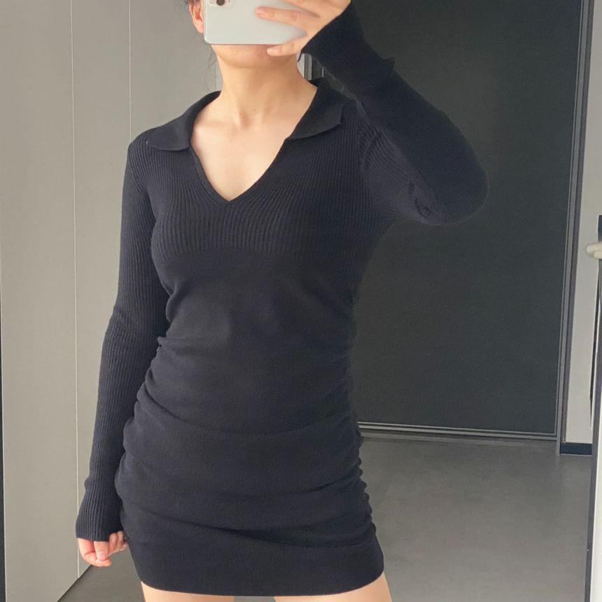 Long Sleeve V-Neck Plain Ruched Knit Bodycon Mini Dress Product Image