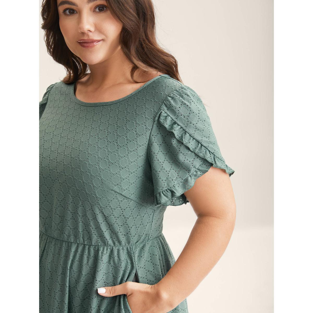 Plus Size Textured Petal Sleeve Pockets Midi Dress DarkGreen Women Knit Dresses Bloomchic 28/5X Product Image