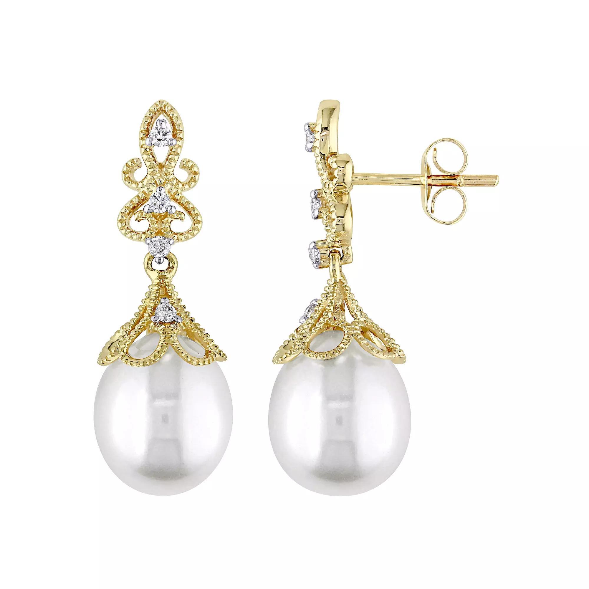 Stella Grace 14k Gold Freshwater Cultured Pearl & 1/10 Carat T.W. Diamond Vintage Drop Earrings, Women's Product Image
