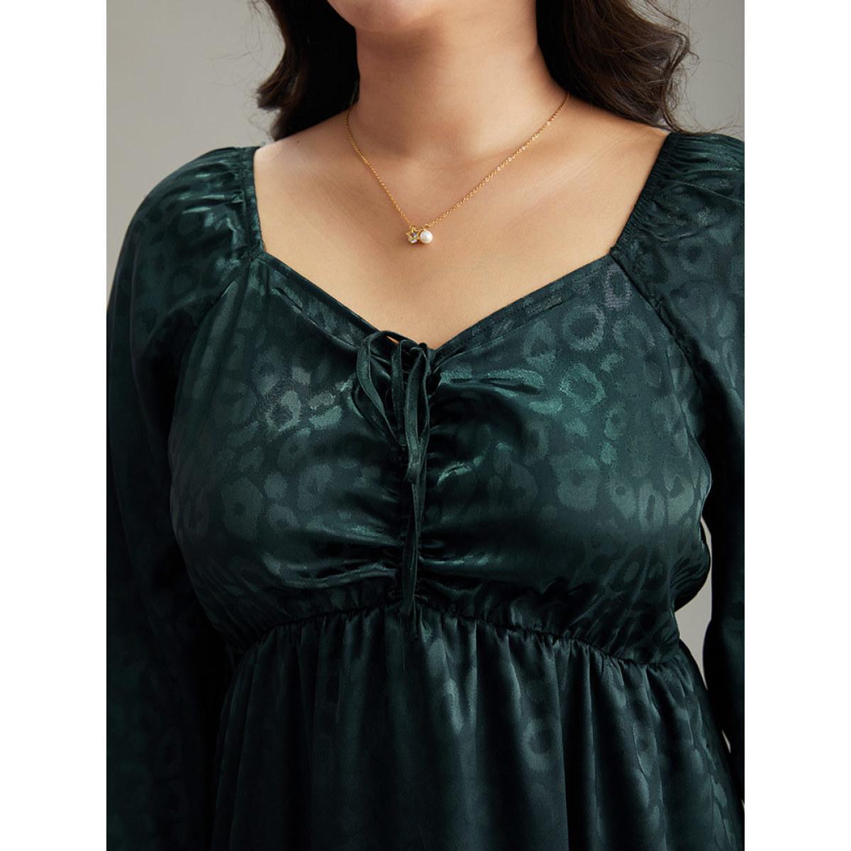 Plus Size Leopard Square Neck Elastic Waist Ties Dress Cyan Women Glamour Elastic cuffs Square Neck Long Sleeve Curvy Midi Dress BloomChic 22-24/3X Product Image
