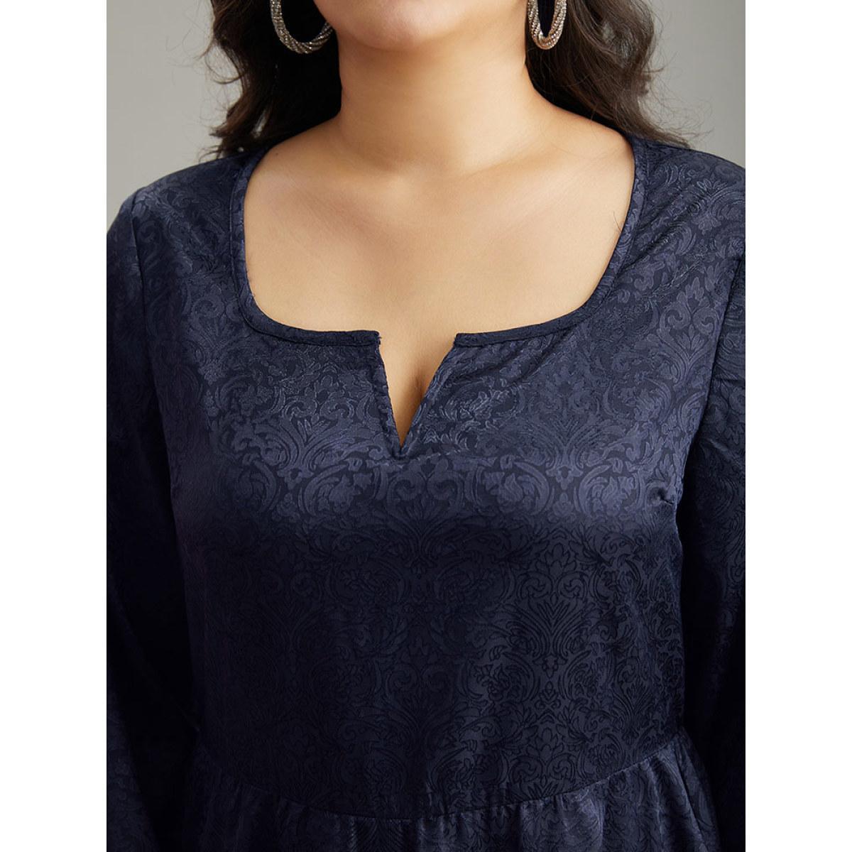 Plus Size Plain Textured Notched Lantern Sleeve Dress Indigo Women Glamour Elastic cuffs Notched collar Long Sleeve Curvy Knee Dress BloomChic 10/M Product Image