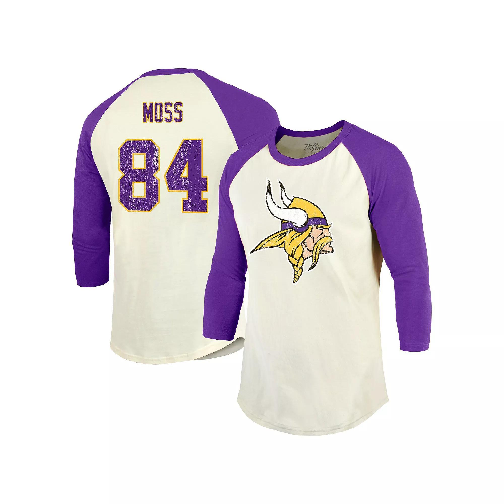 Men's Majestic Threads Randy Moss Cream/Purple Minnesota Vikings Retired Player Name & Number 3/4 Raglan Sleeve T-Shirt, Size: XL, Beige Product Image