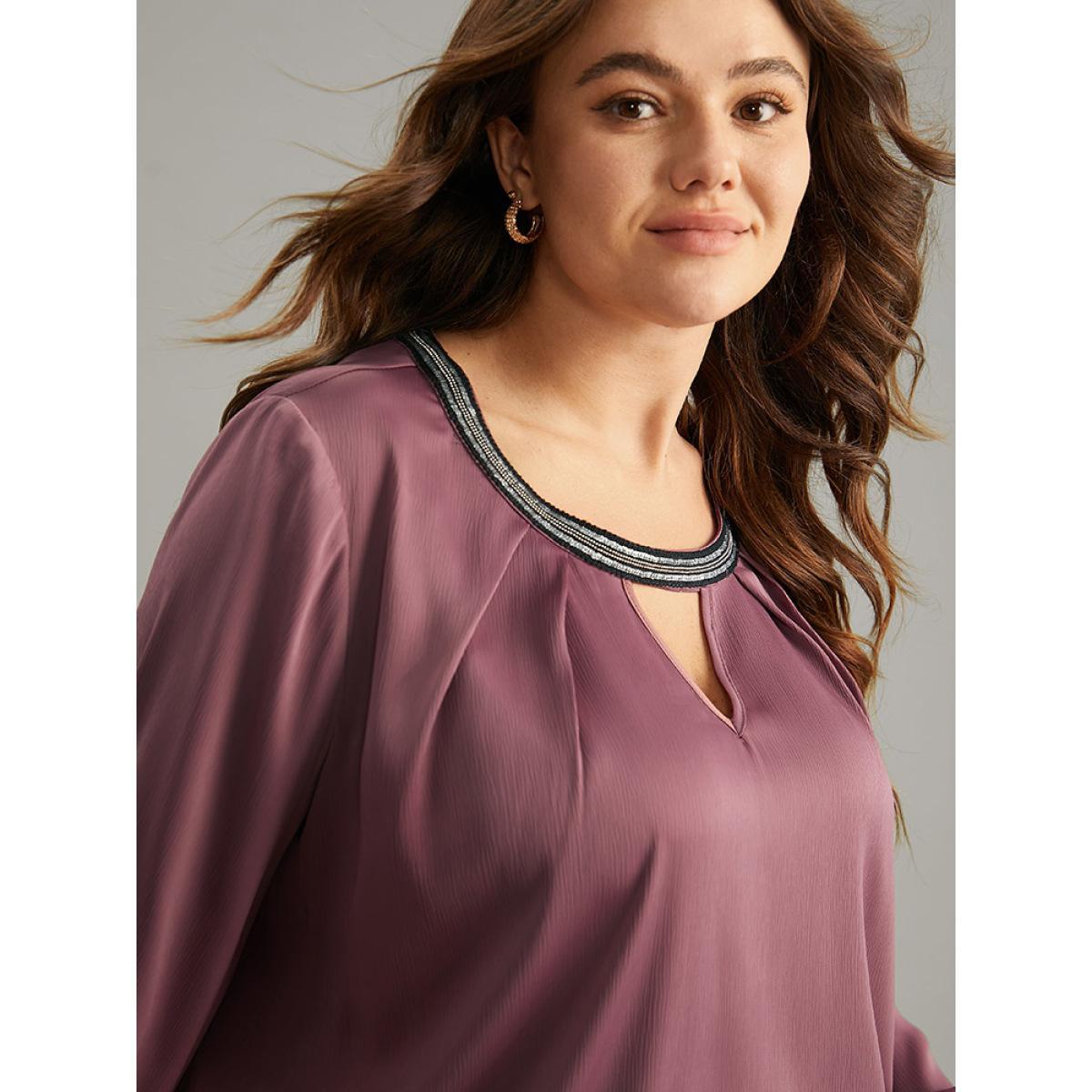 Plus Size DustyPink Static-Free Keyhole Pleated Contrast Webbing Blouse Women Office Long Sleeve Keyhole Cut-Out Work Blouses BloomChic 14-16/1X Product Image
