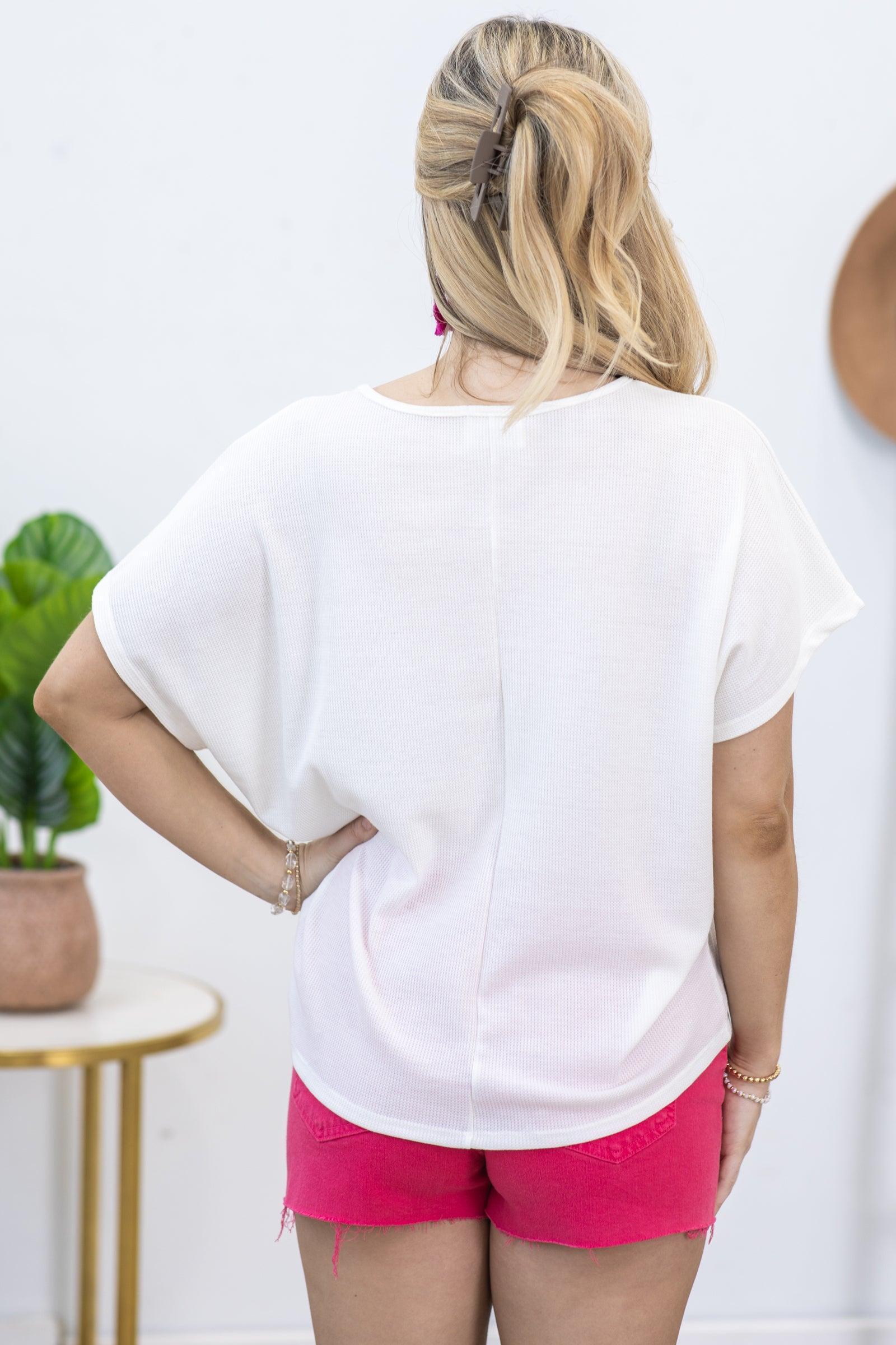 Off White Waffle Texture Scoop Neck Knit Top Product Image