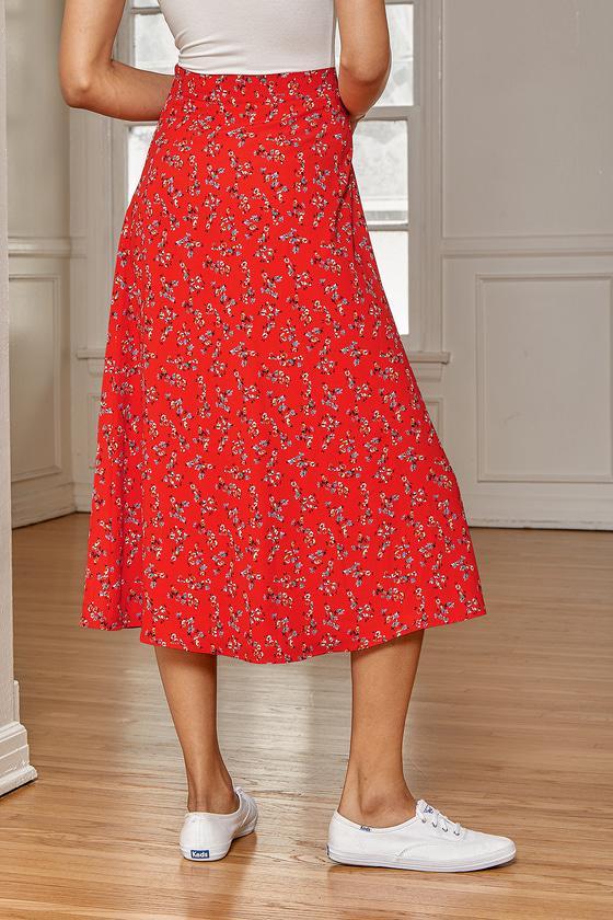 Bliss Me Red Floral Print Midi Skirt Product Image