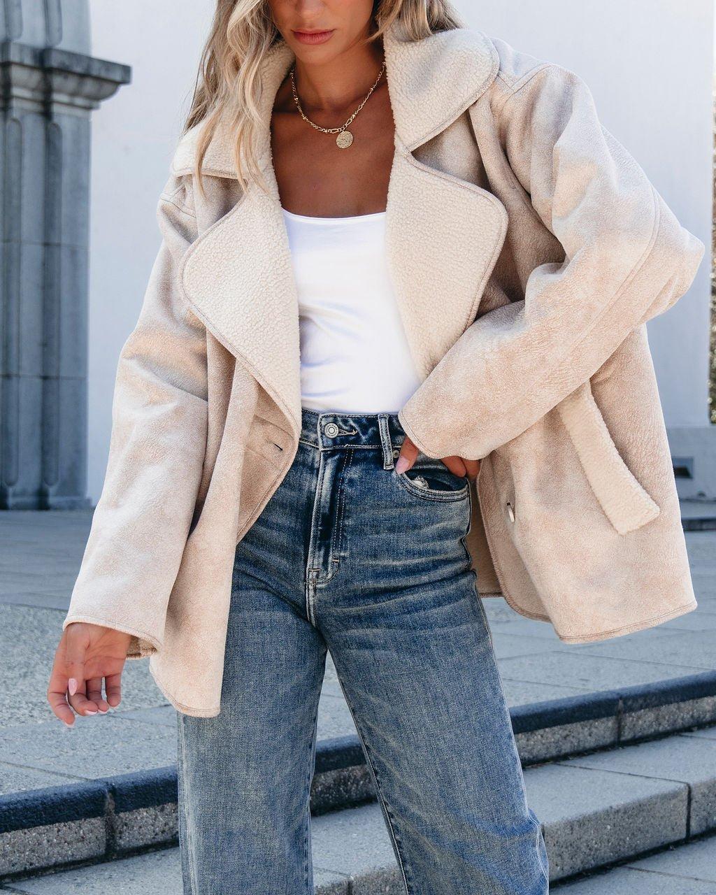 Muse By Magnolia Faux Suede Sherpa Jacket - Beige - FINAL SALE Female Product Image