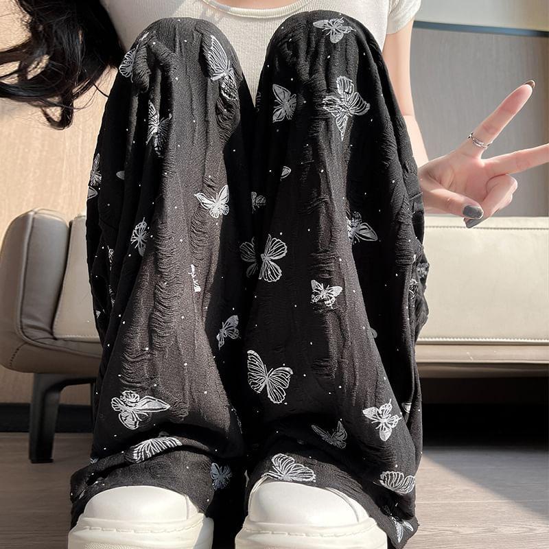 Drawstring Waist Butterfly Print Wide Leg Pants (Various Designs) Product Image