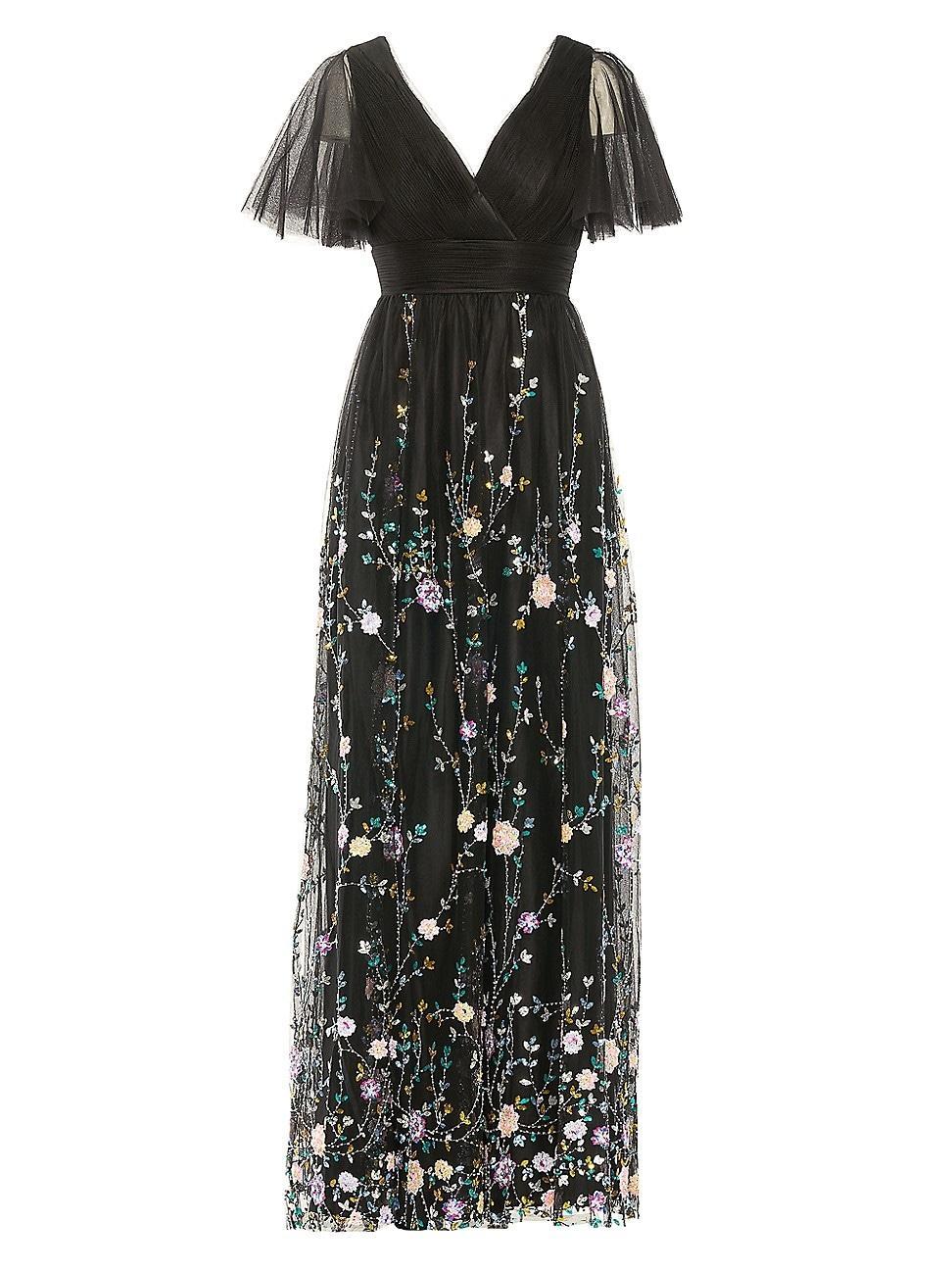 Mac Duggal Floral Embellished Illusion Short Butterfly Sleeve V Product Image