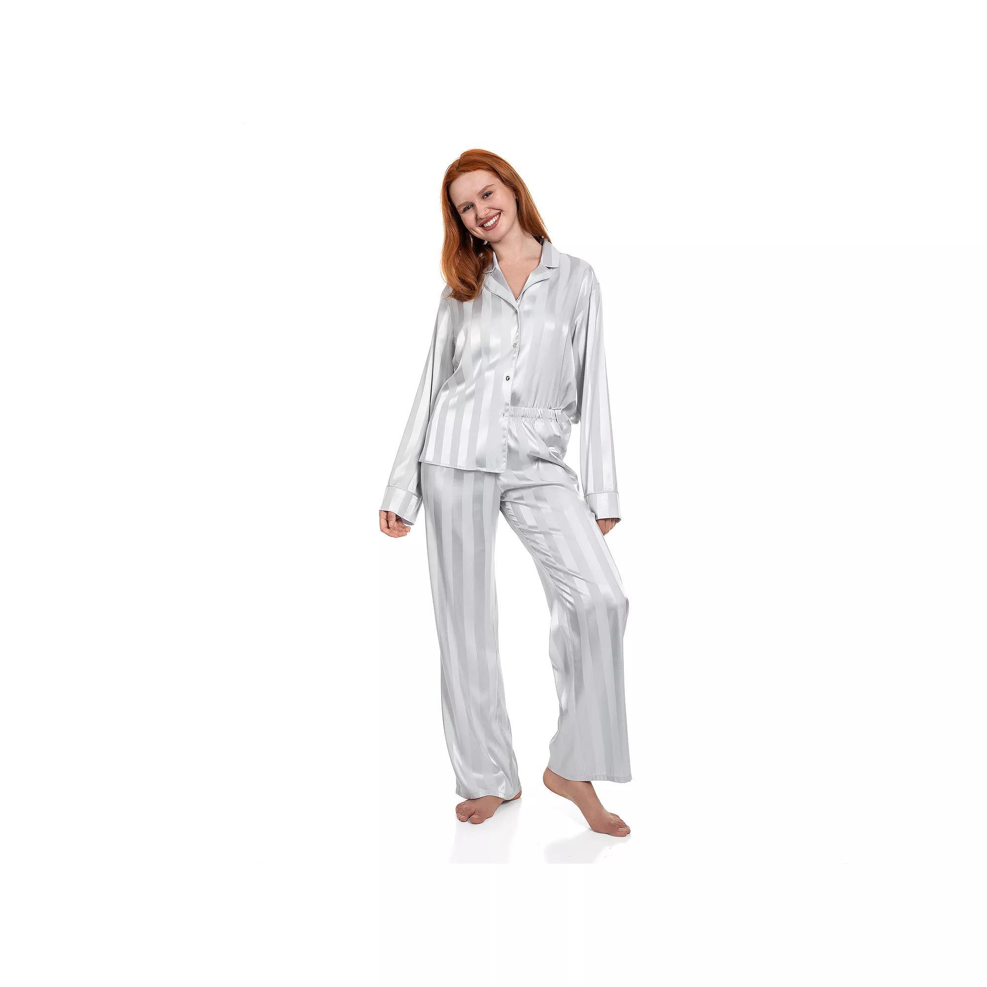 Women's Lilac+London Long Satin Notch Collar Pajama Top & Pajama Bottoms Set, Size: XXL LONG, Red Product Image