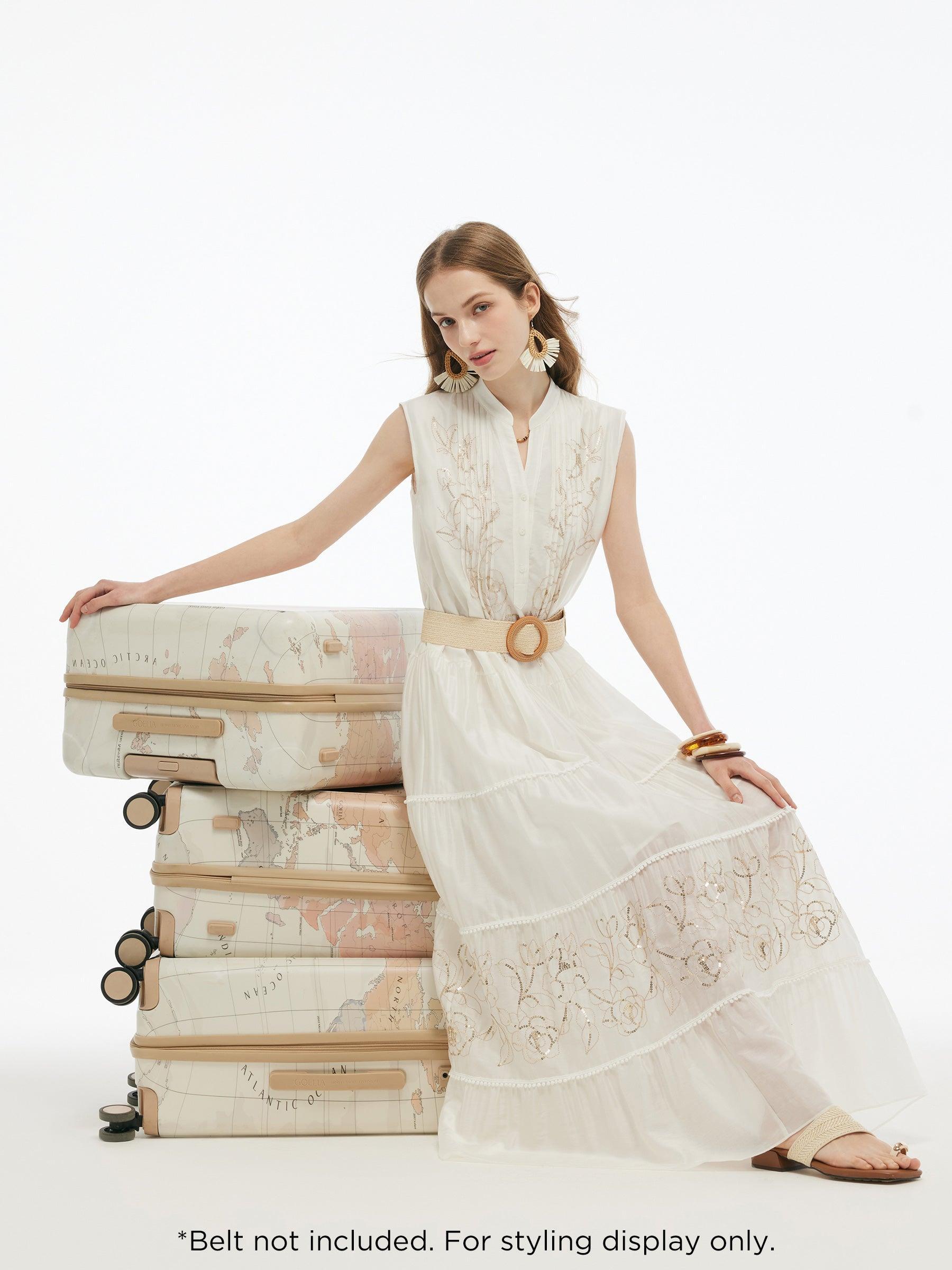 Tencel Blend Embroidered Women Maxi Vest Dress With Tie String Belt Product Image