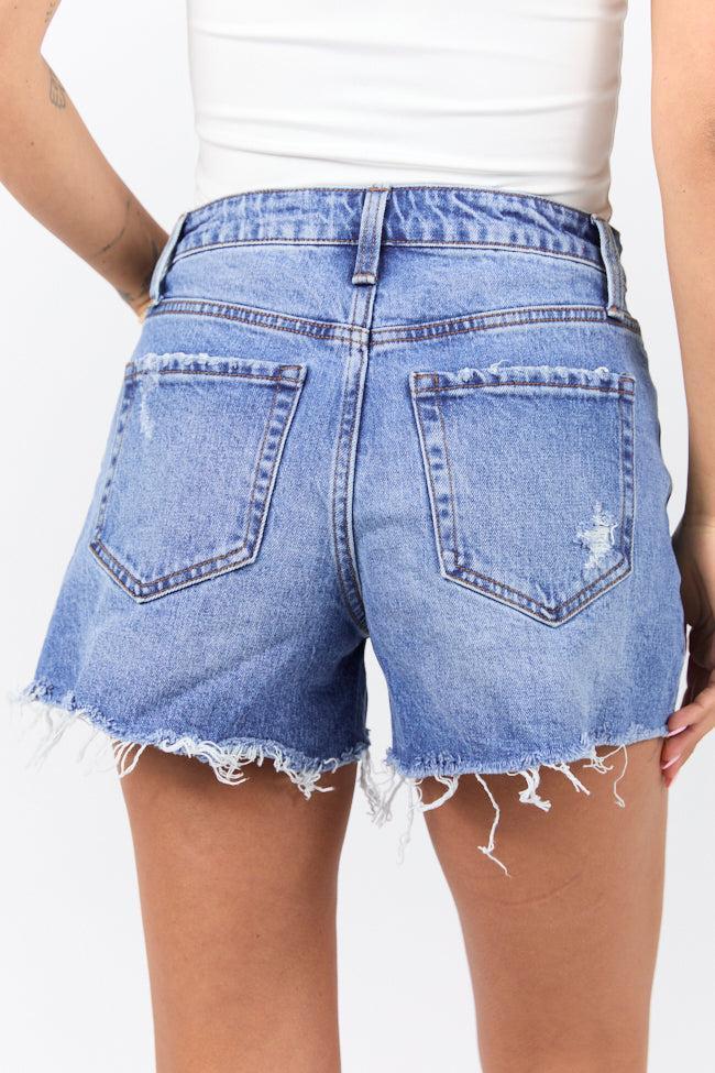 Emmy High Waisted Stretch Relaxed Raw Hem Denim Shorts Product Image