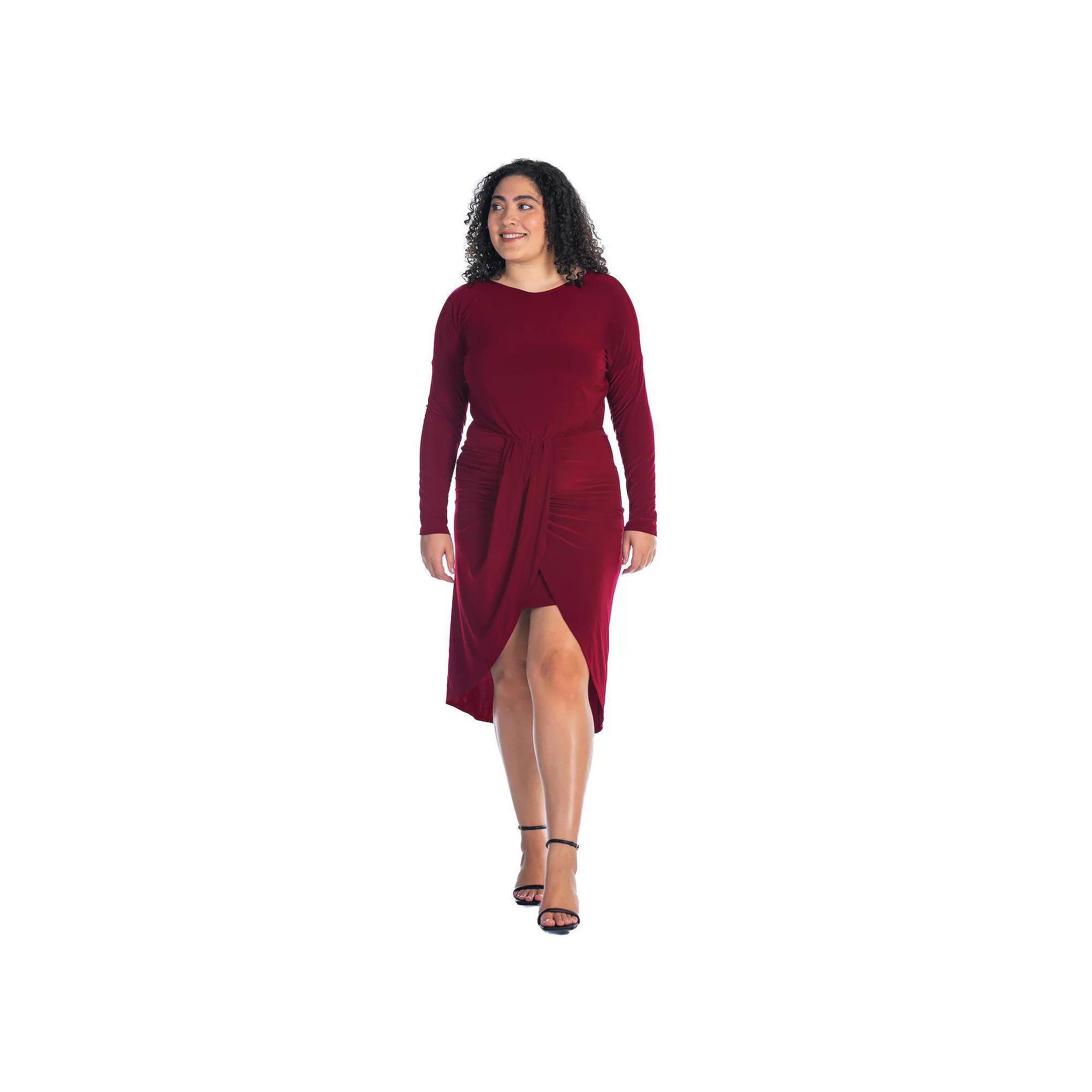 Plus Size 24Seven Comfort Apparel Long Sleeve Tulip Skirt Knee Length Dress, Women's, Size: 3XL, Avocado Product Image