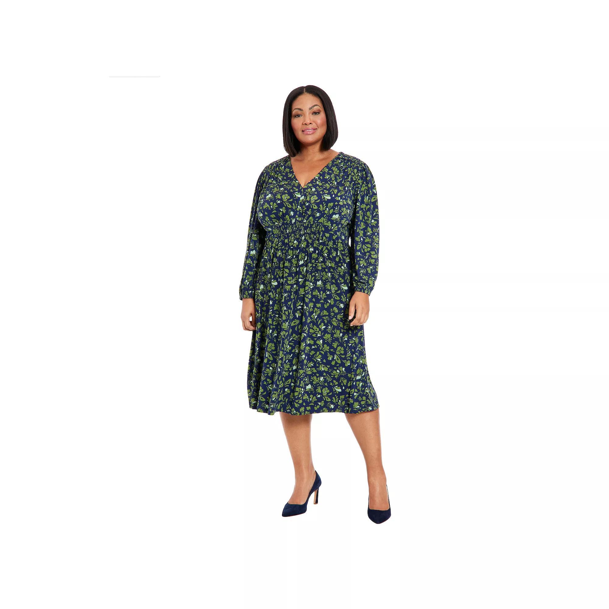Plus Size London Times V-Neck Smocked Bishop Sleeve Midi Dress, Women's, Size: 1XL, Navy Green Product Image