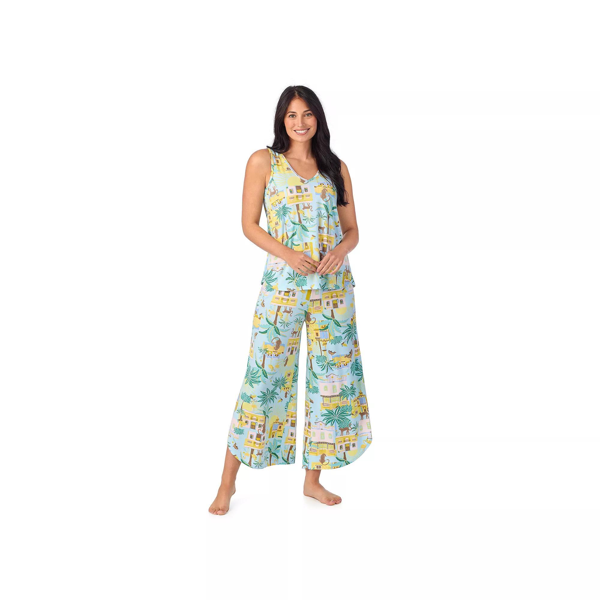 Women's Cuddl Duds® 2-Piece Sleeveless Pajama Top & Wide Leg Pajama Pants Set, Size: XS, Green Palm Spring Product Image