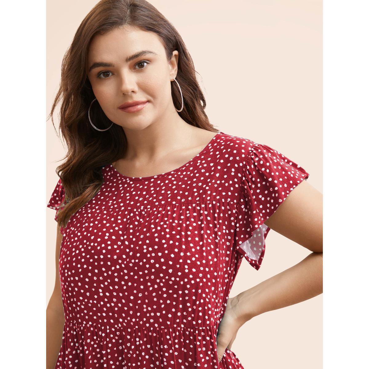 Plus Size Scarlet Allover Print Cap Sleeve Ruffle Hem Gathered Blouse Women Casual Cap Sleeve Round Neck Everyday Blouses BloomChic 18-20/2X Product Image